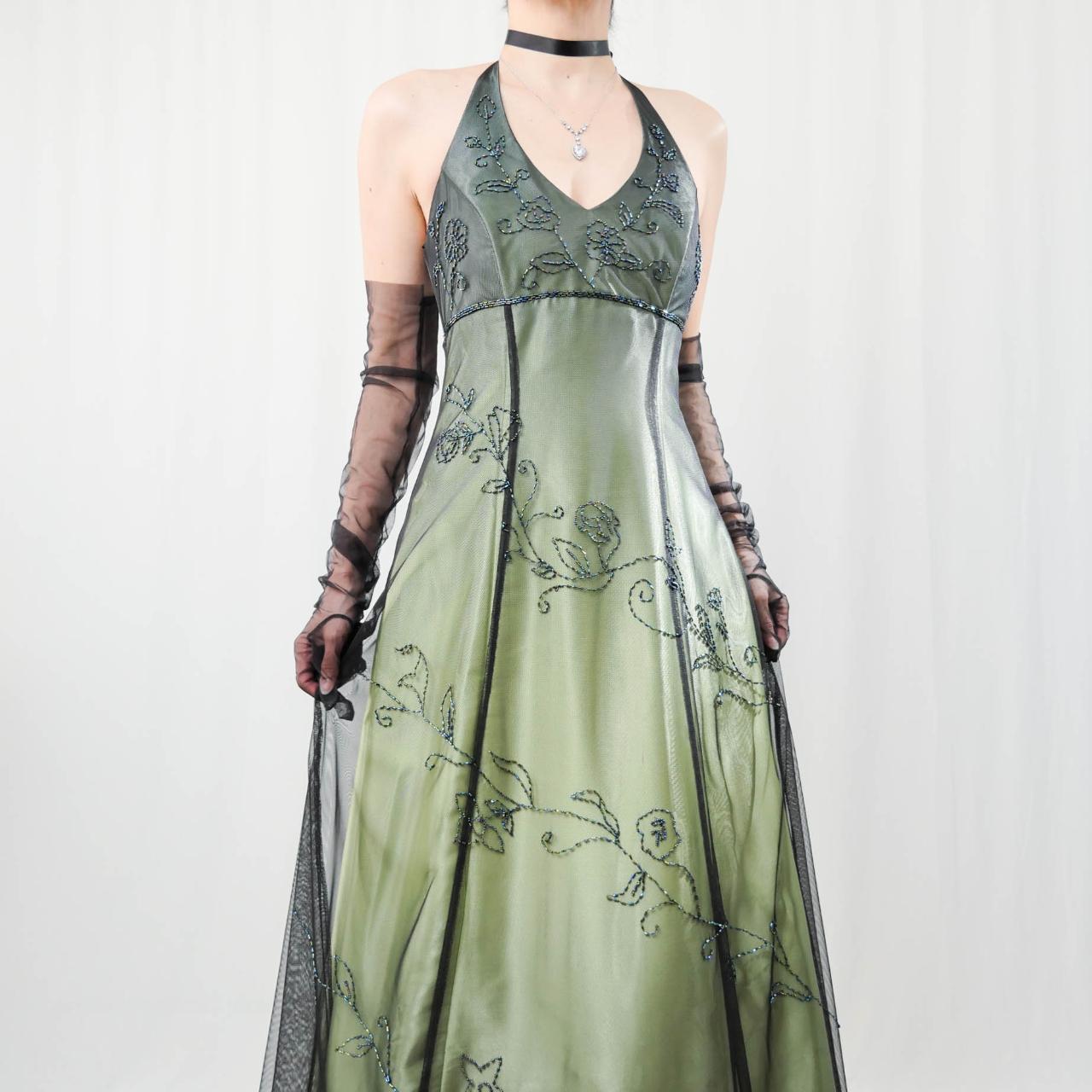 Grünes Vintage Ombre Blumen Perlen Empire Taille Neckholder Langes Chiffon Tüll Ballkleid Abendkleid Partykleid gh3606