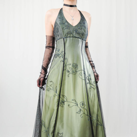 Grünes Vintage Ombre Blumen Perlen Empire Taille Neckholder Langes Chiffon Tüll Ballkleid Abendkleid Partykleid gh3606