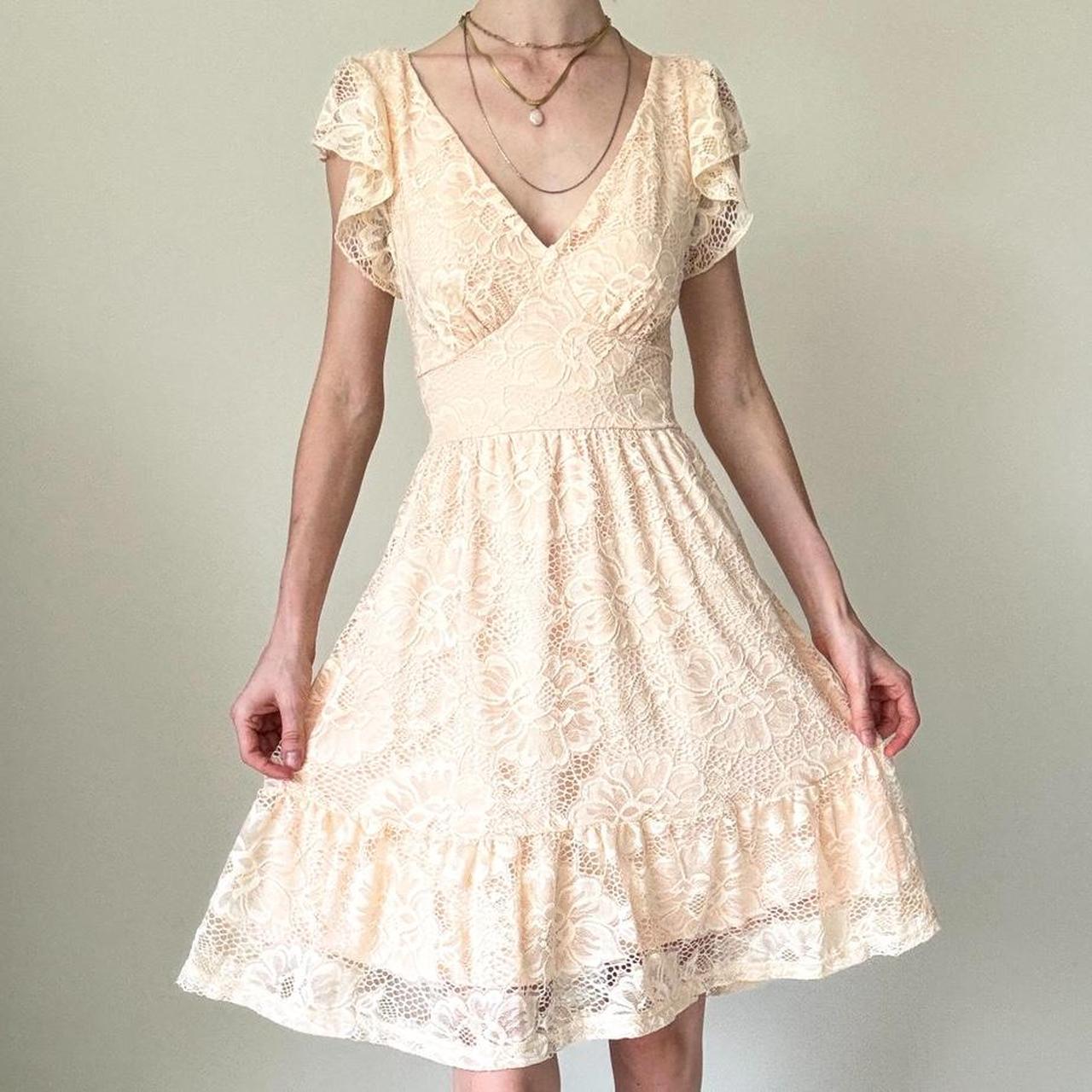 Robe de soirée crème/jaune en dentelle, style baby doll, à volants, dos nu, été gh4595