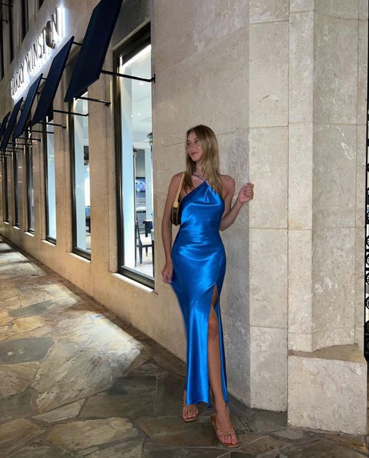 Robe de soirée longue fendue sans bretelles style sirène bleu sexy gh3050