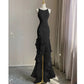 Schwarz/Weinrot/Weiß Mode Elegant Spaghetti Strap Rückenfrei Lange Chiffon Meerjungfrau Schlank Rüschen Ballkleid gh3460