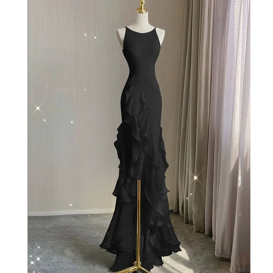 Schwarz/Weinrot/Weiß Mode Elegant Spaghetti Strap Rückenfrei Lange Chiffon Meerjungfrau Schlank Rüschen Ballkleid gh3460