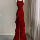Schwarz/Weinrot/Weiß Mode Elegant Spaghetti Strap Rückenfrei Lange Chiffon Meerjungfrau Schlank Rüschen Ballkleid gh3460