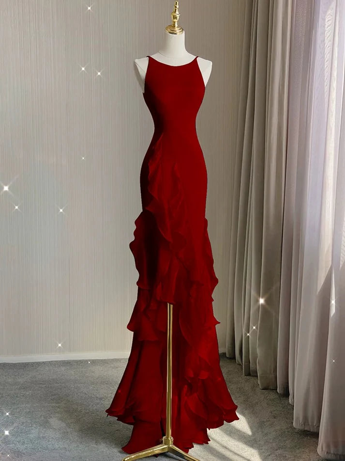 Schwarz/Weinrot/Weiß Mode Elegant Spaghetti Strap Rückenfrei Lange Chiffon Meerjungfrau Schlank Rüschen Ballkleid gh3460