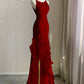 Schwarz/Weinrot/Weiß Mode Elegant Spaghetti Strap Rückenfrei Lange Chiffon Meerjungfrau Schlank Rüschen Ballkleid gh3460