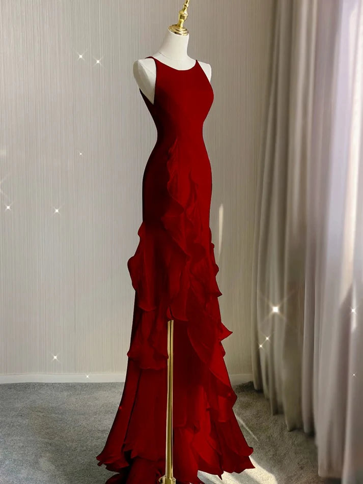 Schwarz/Weinrot/Weiß Mode Elegant Spaghetti Strap Rückenfrei Lange Chiffon Meerjungfrau Schlank Rüschen Ballkleid gh3460