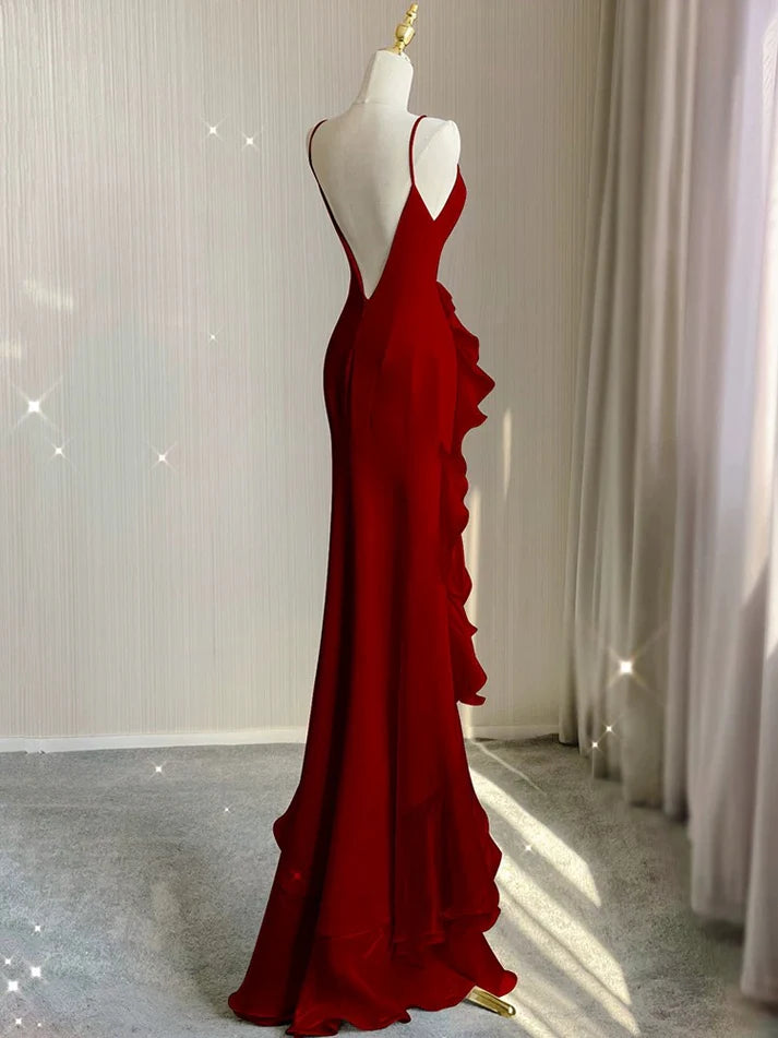 Schwarz/Weinrot/Weiß Mode Elegant Spaghetti Strap Rückenfrei Lange Chiffon Meerjungfrau Schlank Rüschen Ballkleid gh3460