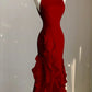 Schwarz/Weinrot/Weiß Mode Elegant Spaghetti Strap Rückenfrei Lange Chiffon Meerjungfrau Schlank Rüschen Ballkleid gh3460