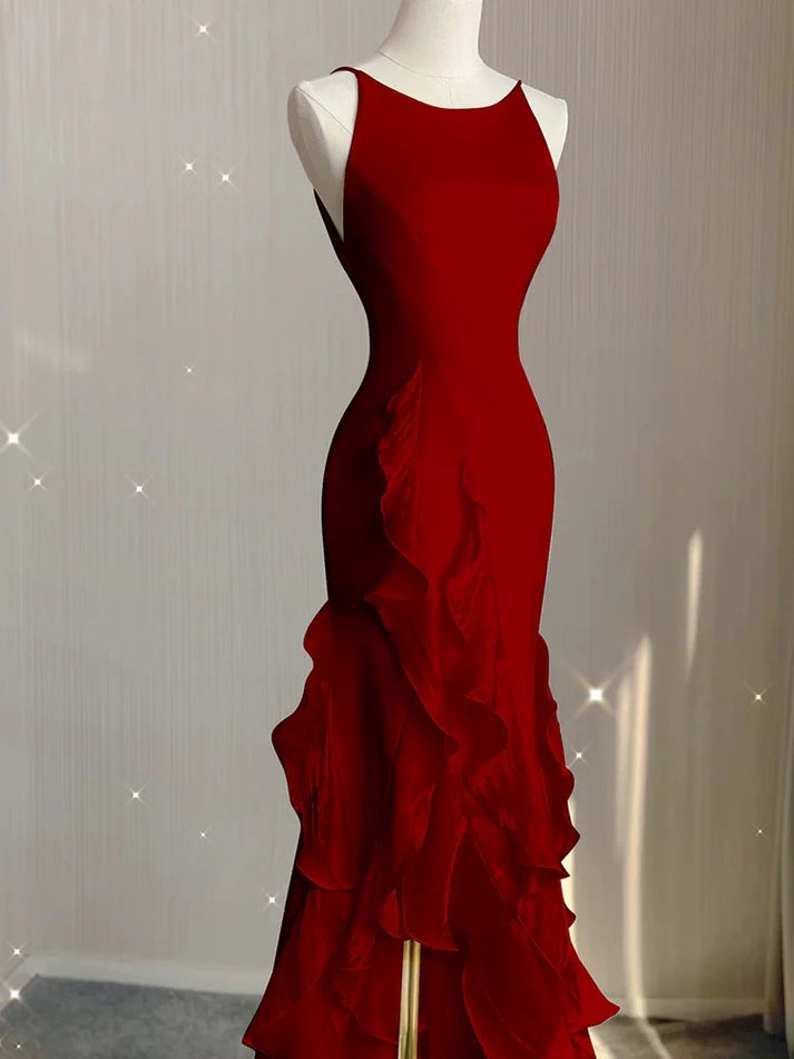 Schwarz/Weinrot/Weiß Mode Elegant Spaghetti Strap Rückenfrei Lange Chiffon Meerjungfrau Schlank Rüschen Ballkleid gh3460