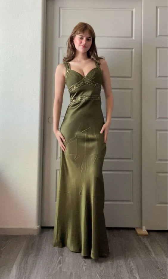 Olivgrün Vintage Mode Elegant Perlenbesetzt Figurbetontes Langes Ballkleid Abendkleid Partykleid gh3459