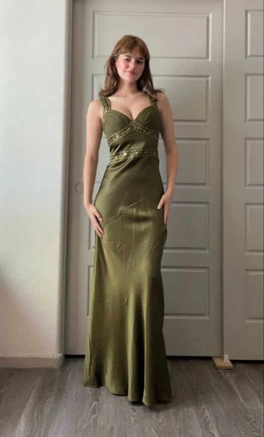 Olivgrün Vintage Mode Elegant Perlenbesetzt Figurbetontes Langes Ballkleid Abendkleid Partykleid gh3459