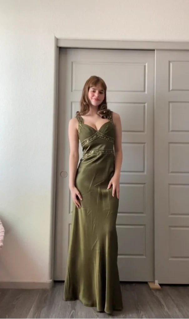 Olivgrün Vintage Mode Elegant Perlenbesetzt Figurbetontes Langes Ballkleid Abendkleid Partykleid gh3459