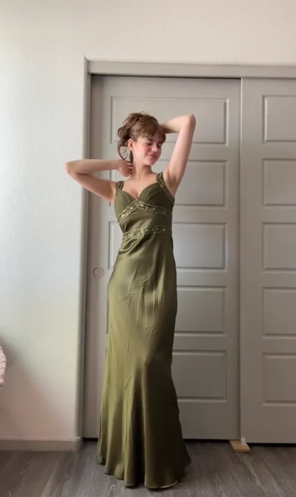 Olivgrün Vintage Mode Elegant Perlenbesetzt Figurbetontes Langes Ballkleid Abendkleid Partykleid gh3459