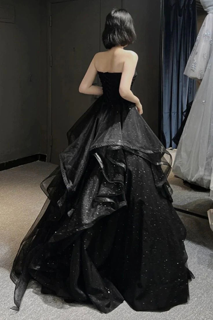 Black Shiny Sweetheart Tulle Layers Ball Gown Formal Dresses, Black Evening Dress Prom Dress  gh2302