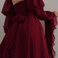 girlhomeshops-Burgunderrotes langärmliges Abendkleid, Retro-Burgunderrot, elegantes, quadratisches Chiffon-Ballkleid, Outfit zum 21. Geburtstag, Abendkleid, gh5749