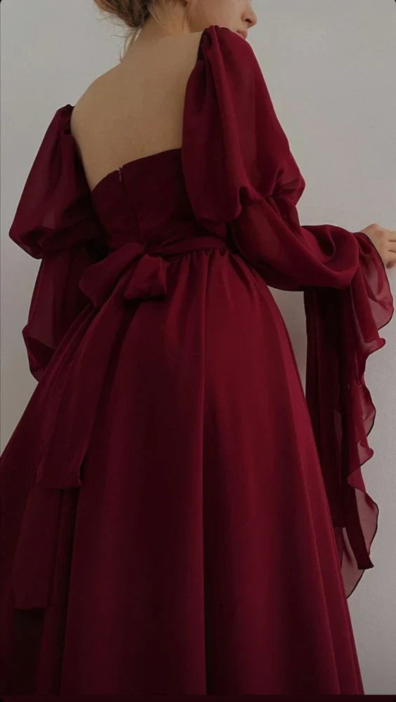girlhomeshops-Burgunderrotes langärmliges Abendkleid, Retro-Burgunderrot, elegantes, quadratisches Chiffon-Ballkleid, Outfit zum 21. Geburtstag, Abendkleid, gh5749