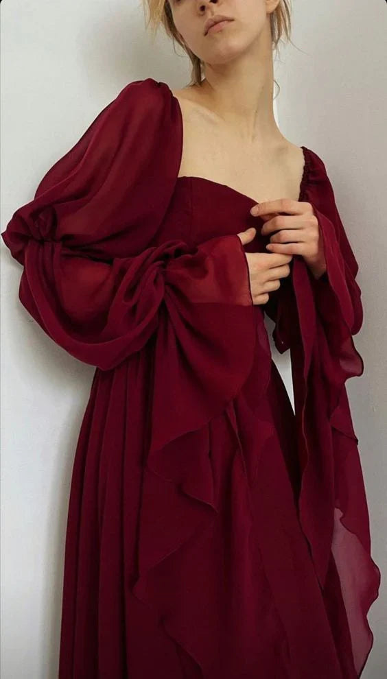 girlhomeshops-Burgunderrotes langärmliges Abendkleid, Retro-Burgunderrot, elegantes, quadratisches Chiffon-Ballkleid, Outfit zum 21. Geburtstag, Abendkleid, gh5749