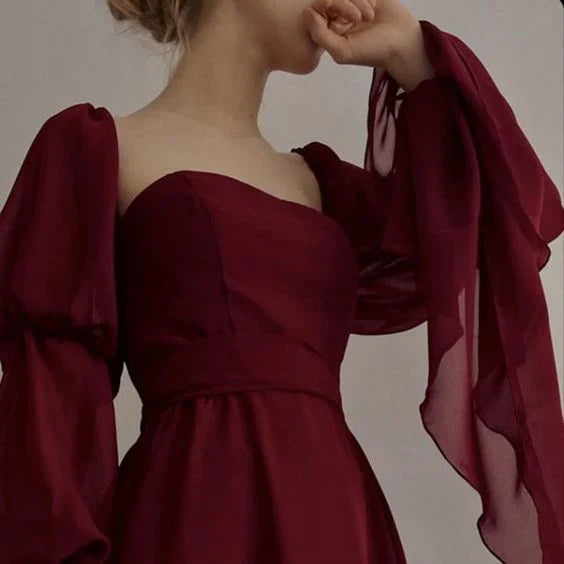 girlhomeshops-Burgunderrotes langärmliges Abendkleid, Retro-Burgunderrot, elegantes, quadratisches Chiffon-Ballkleid, Outfit zum 21. Geburtstag, Abendkleid, gh5749