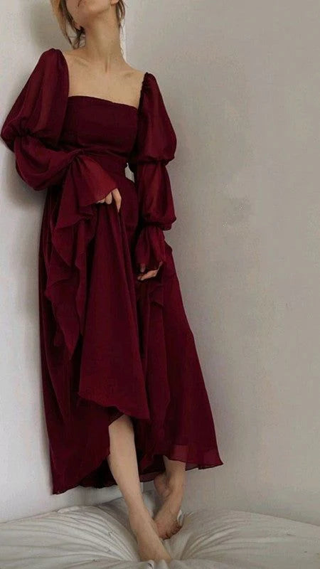 girlhomeshops-Burgunderrotes langärmliges Abendkleid, Retro-Burgunderrot, elegantes, quadratisches Chiffon-Ballkleid, Outfit zum 21. Geburtstag, Abendkleid, gh5749