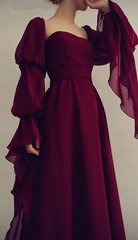 girlhomeshops-Burgunderrotes langärmliges Abendkleid, Retro-Burgunderrot, elegantes, quadratisches Chiffon-Ballkleid, Outfit zum 21. Geburtstag, Abendkleid, gh5749