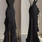 Schwarz/Weinrot/Weiß Mode Elegant Spaghetti Strap Rückenfrei Lange Chiffon Meerjungfrau Schlank Rüschen Ballkleid gh3460