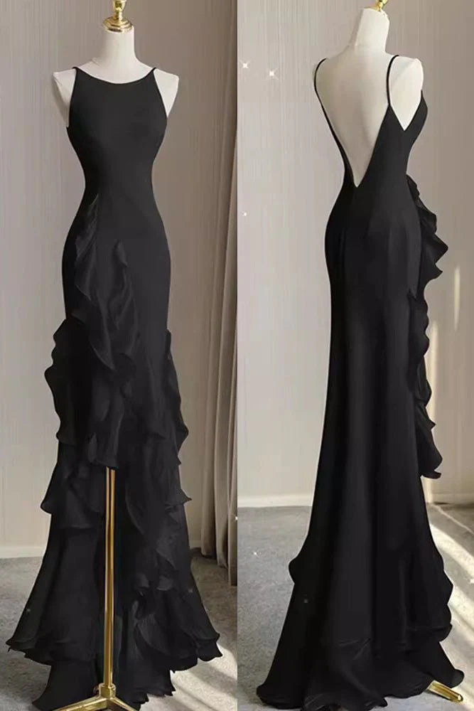 Schwarz/Weinrot/Weiß Mode Elegant Spaghetti Strap Rückenfrei Lange Chiffon Meerjungfrau Schlank Rüschen Ballkleid gh3460