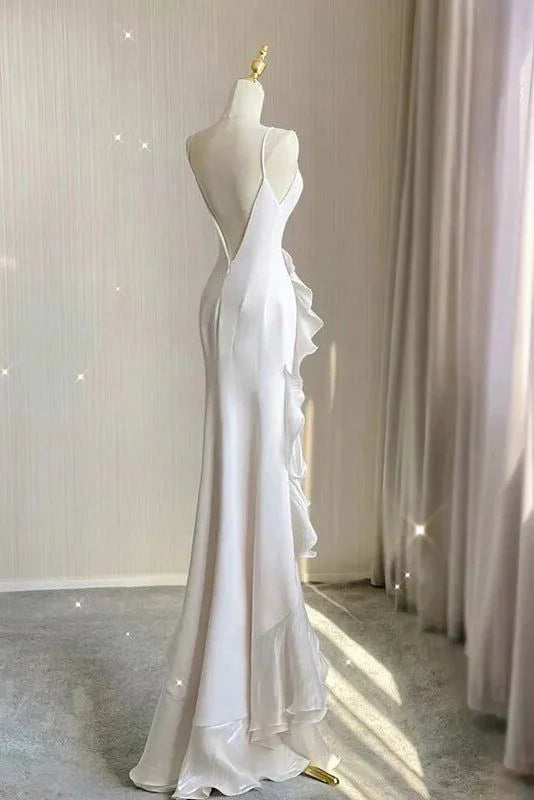 Schwarz/Weinrot/Weiß Mode Elegant Spaghetti Strap Rückenfrei Lange Chiffon Meerjungfrau Schlank Rüschen Ballkleid gh3460