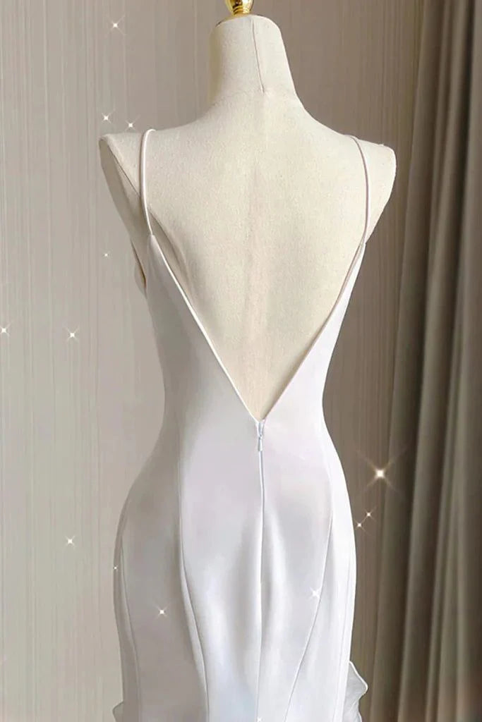 Schwarz/Weinrot/Weiß Mode Elegant Spaghetti Strap Rückenfrei Lange Chiffon Meerjungfrau Schlank Rüschen Ballkleid gh3460