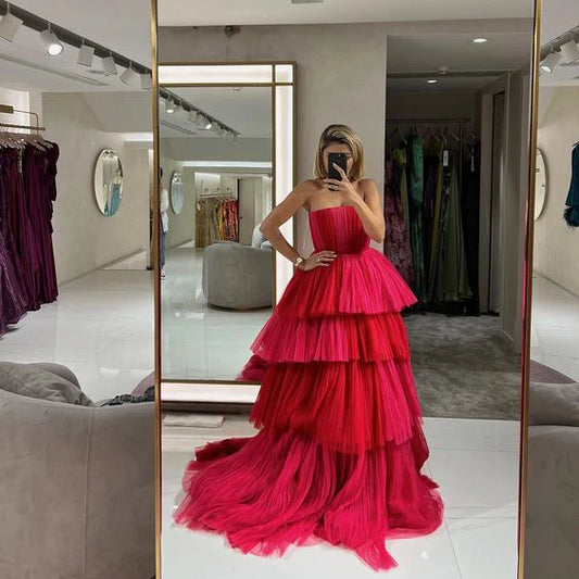 Robe de soirée longue en tulle rose vif à volants et à volants gh3069