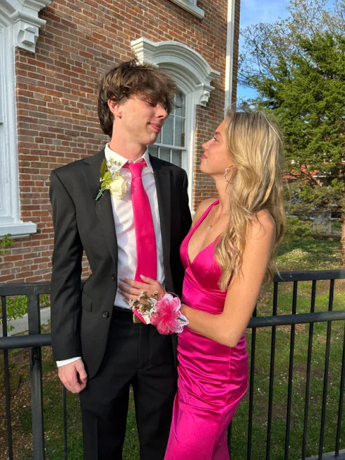 Hot Pink Sexy Fashion V-Ausschnitt Meerjungfrau Langes elegantes Satin Ballkleid, Abendkleid, Geburtstagskostüm Partykleid gh3534