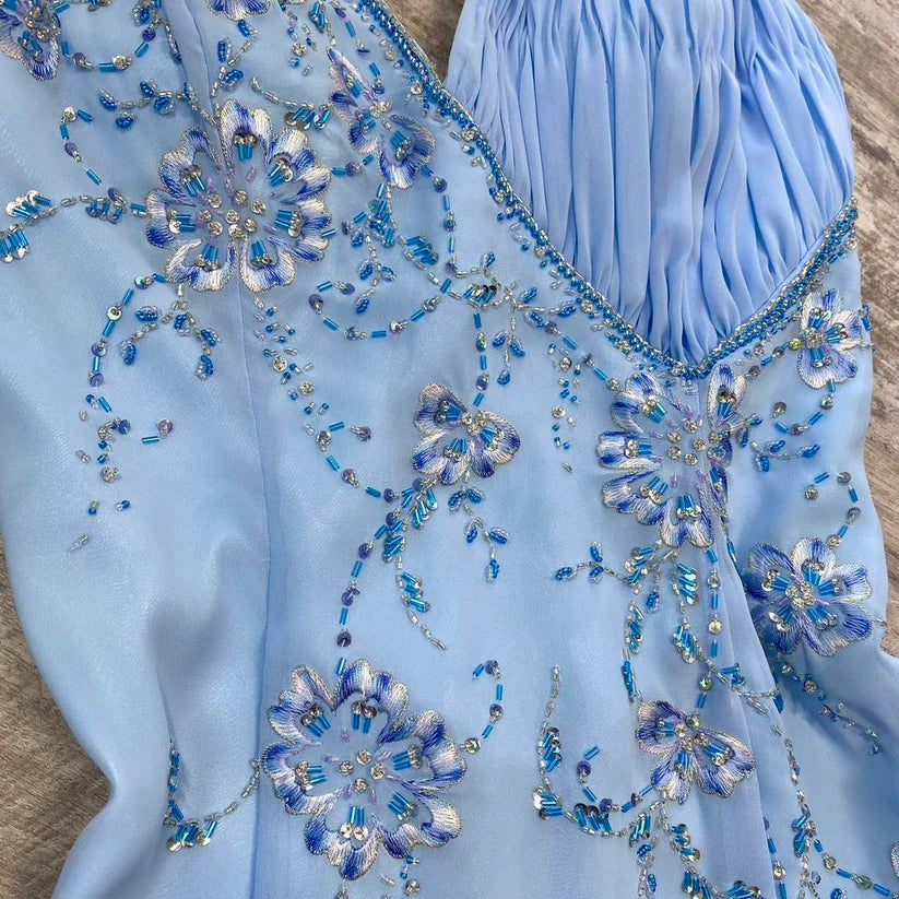 girlhomeshops--Blue Fashion Suspenders Exquisite Beading Beautiful Open Back Slit Chiffon Ball Gown Long Evening Dress gh5611