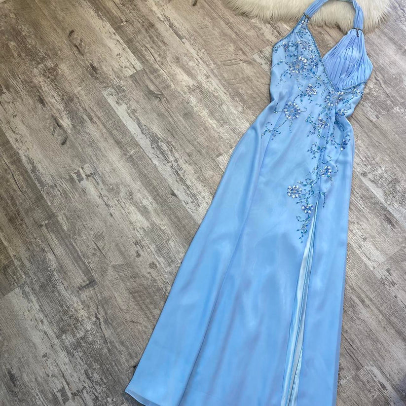 girlhomeshops--Blue Fashion Suspenders Exquisite Beading Beautiful Open Back Slit Chiffon Ball Gown Long Evening Dress gh5611