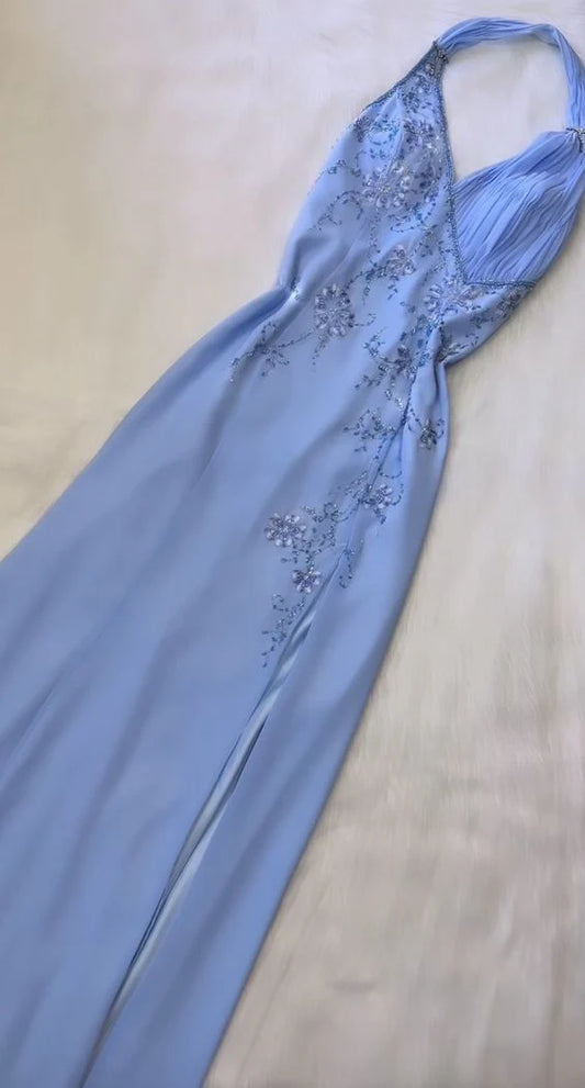 Girlhomeshops - Robe de soirée longue en mousseline de soie, bretelles bleues, perles exquises, magnifique dos ouvert, fente latérale, gh5611