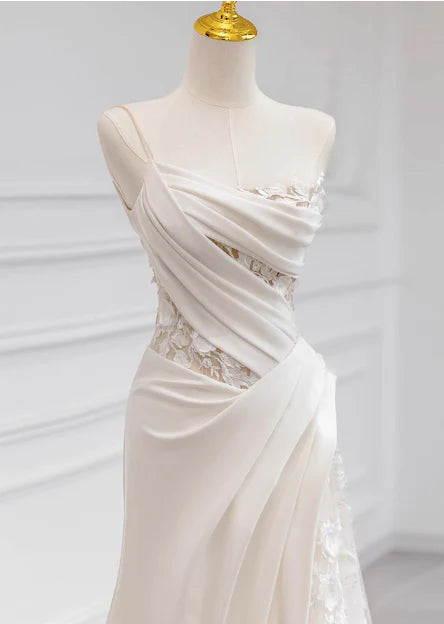 Girlhomeshops-White satin floral lace off-the-shoulder long floor-length wedding dress prom dress gh5393