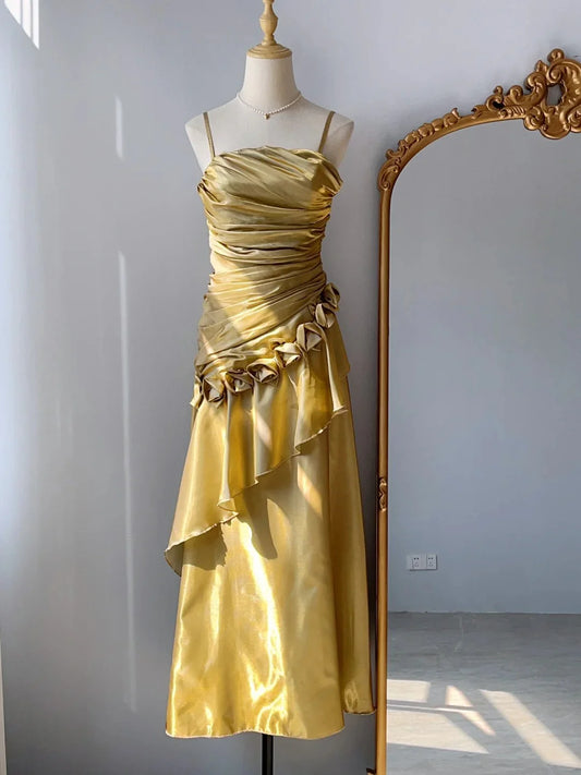 Yellow vintage fashion elegant long satin formal Prom dress evening dress party dress gh4907