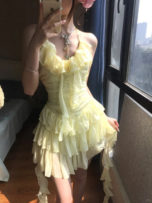 Robe de soirée courte en tulle à volants jaunes, robe d'anniversaire gh4912