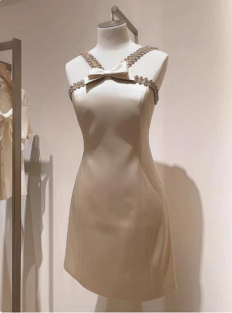 Girlhomeshops - Robe courte trapèze en satin ivoire, jolie robe d'anniversaire, robe de bal, gh5573