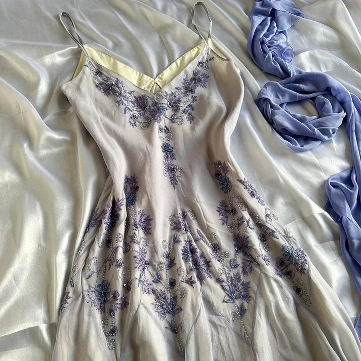 Robe de soirée sirène en mousseline de soie, col en V, élégante, longue, avec des appliques de perles, violet clair, robe de bal, costume d'anniversaire, gh3173