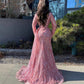 Long sleeved sequins a line prom dress shiny pink evening gown with slit gh2751