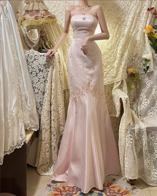 Hellrosa Schmetterling Perlen Langes Satin Ballkleid Abendkleid Partykleid gh4486