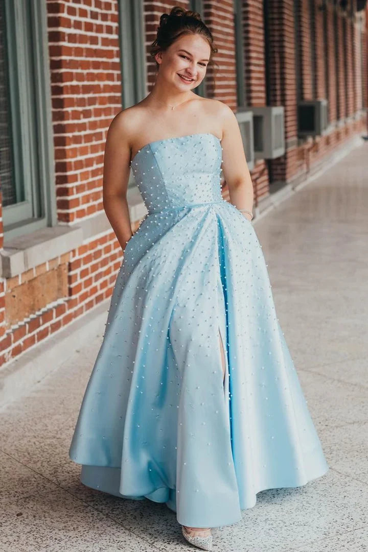 Blau mode elegante exquisite perle perlen lange satin ballkleid abendkleid gh3308