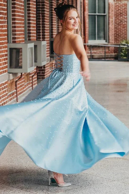 Blau mode elegante exquisite perle perlen lange satin ballkleid abendkleid gh3308