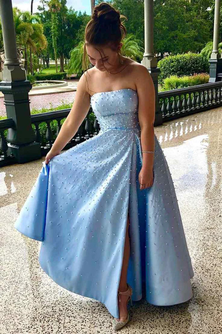 Blau mode elegante exquisite perle perlen lange satin ballkleid abendkleid gh3308