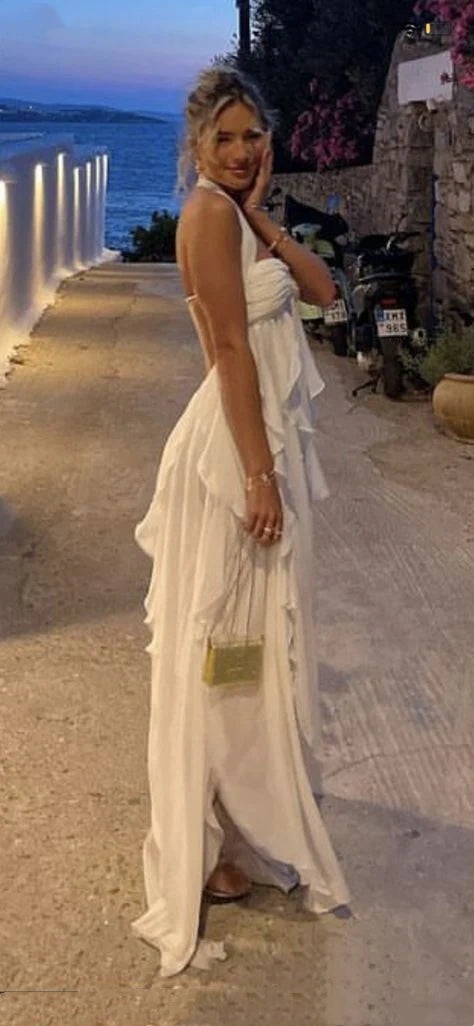 Weiß reine farbe jugendliche elegante süße lange chiffon rüschen unregelmäßigen rock meer strand urlaub party kleid abendkleid prom kleid gh3538
