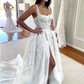 White fantasy square neck slit lace applique long tulle backless bridal gown wedding dress gh2404