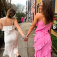 Pink Spaghetti Straps Fashion Elegant Long Chiffon Ruffle Ball Gown Evening Dress Party Dress gh3253