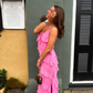 Pink Spaghetti Straps Fashion Elegant Long Chiffon Ruffle Ball Gown Evening Dress Party Dress gh3253