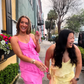 Pink Spaghetti Straps Fashion Elegant Long Chiffon Ruffle Ball Gown Evening Dress Party Dress gh3253