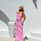 Pink Spaghetti Straps Fashion Elegant Long Chiffon Ruffle Ball Gown Evening Dress Party Dress gh3253