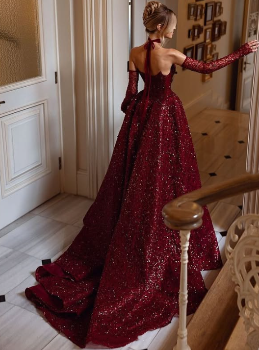 Burgund glänzend sexy Pailletten elegant herzförmiger Ausschnitt Langer Schlitz Ballkleid Abendkleid mit Handschuhen gh3134